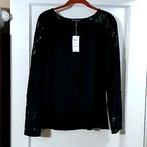 Inc Black Long Sleeve Top w/Raglan Lace Trim